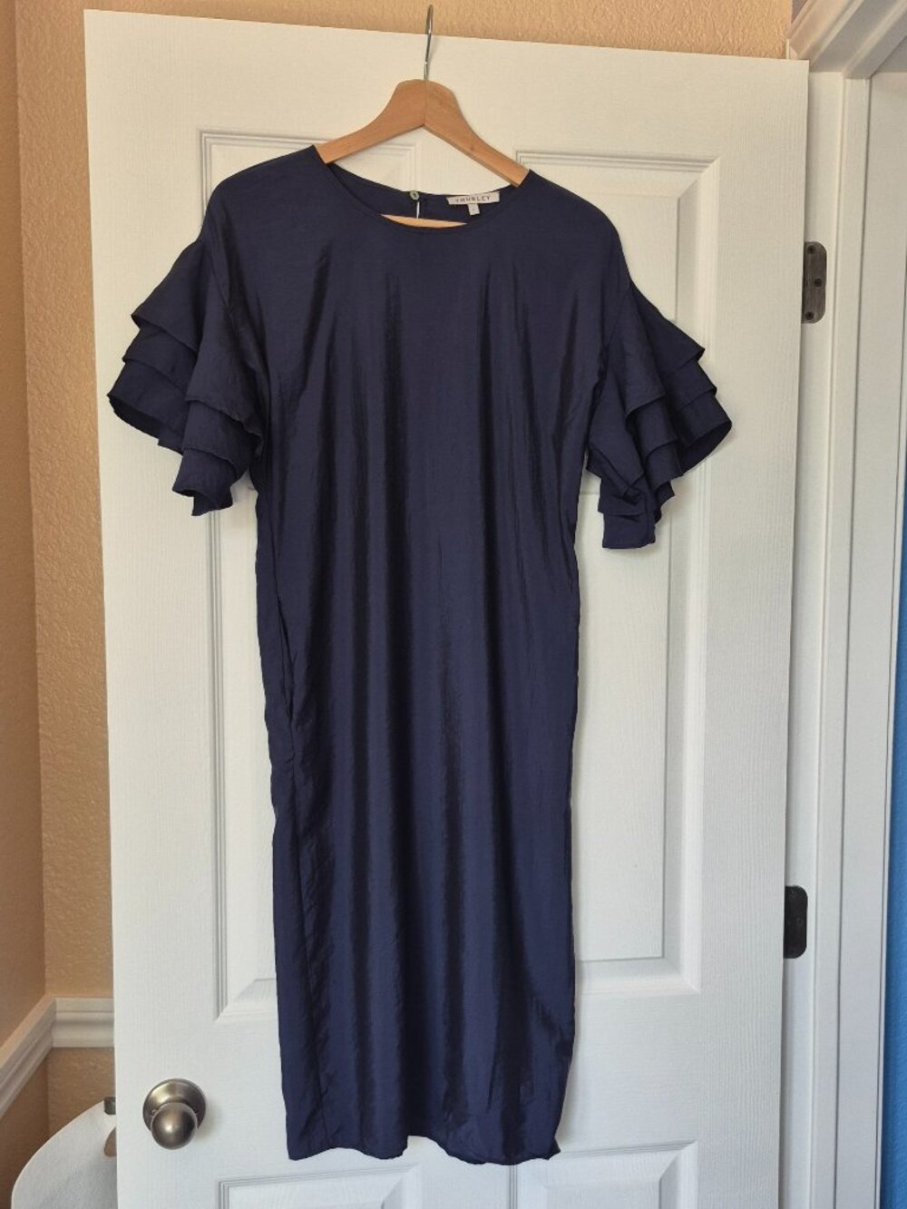 Thurley Navy Ruffle Sleeve Shift Dress, Size S - Picture 3 of 9
